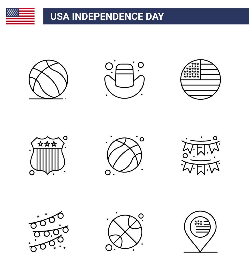 Happy Independence Day 4th July Set of 9 Lines American Pictograph of usa ball flag american investigating Editable USA Day Vector Design Elements