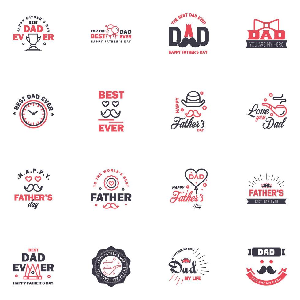 16 Black and Pink Set of Vector Happy fathers day Typography Vintage Icons Lettering for greeting cards banners tshirt design Fathers Day Editable Vector Design Elements