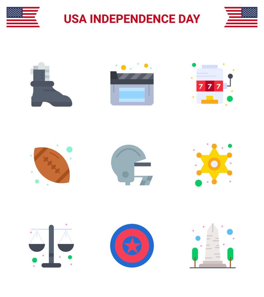 Happy Independence Day USA Pack of 9 Creative Flats of men football slot american sports Editable USA Day Vector Design Elements