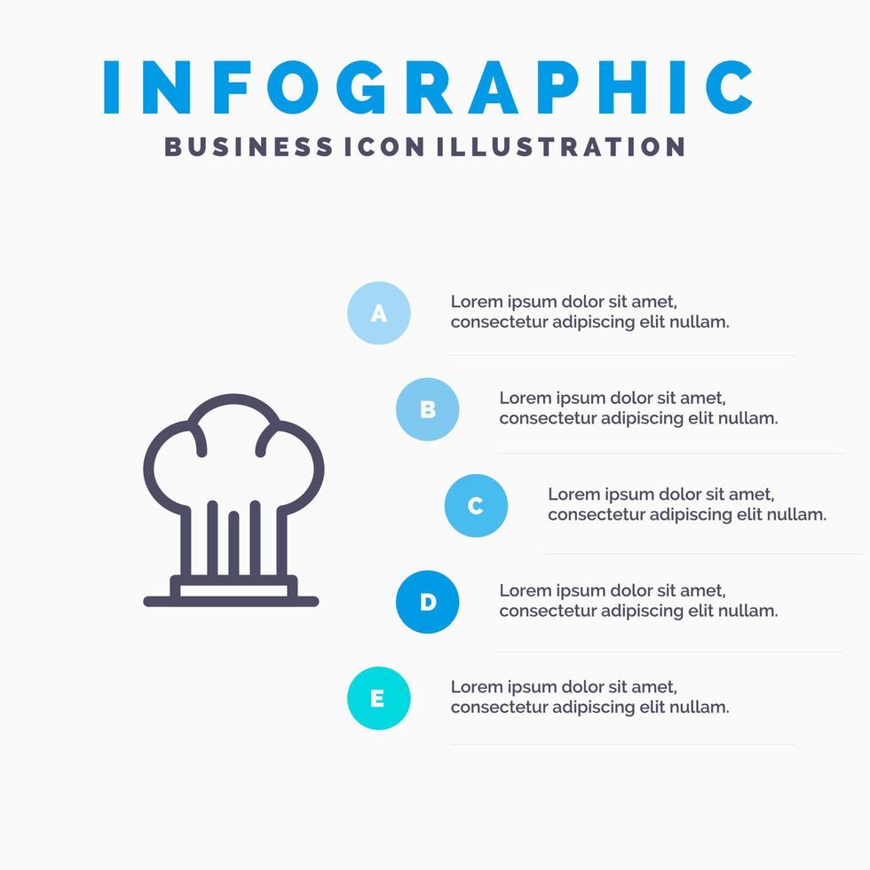 gorra chef cocina sombrero restaurante azul infografía plantilla 5 pasos vector línea icono plantilla