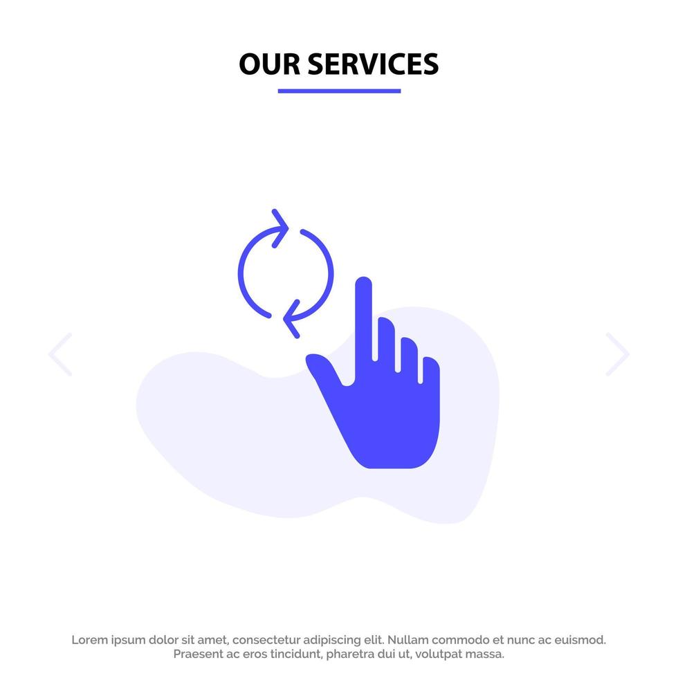 nuestros servicios dedo mano actualizar gesto icono de glifo sólido plantilla de tarjeta web vector