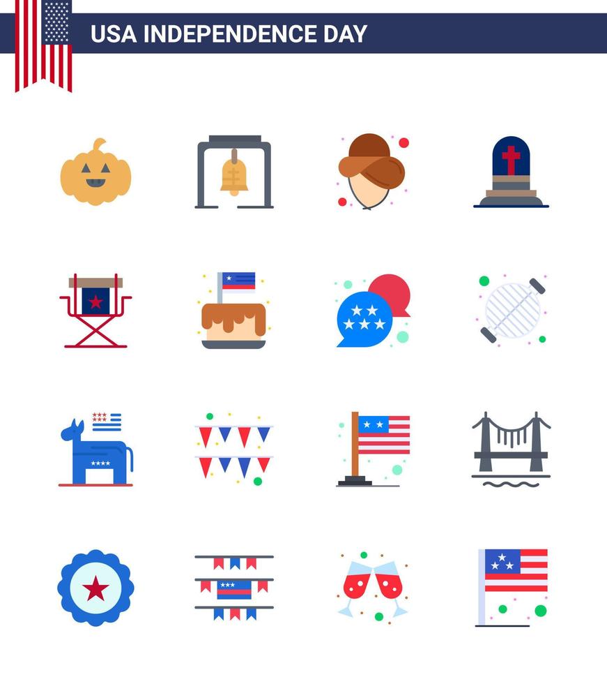 Paquete plano de 16 estados unidos de signos y símbolos del día de la independencia del director estrella silla de vaquero lápida editable elementos de diseño vectorial del día de estados unidos vector