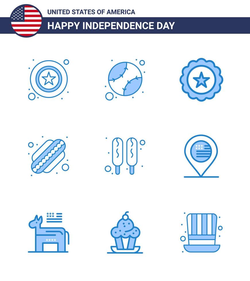 día de la independencia de ee.uu. conjunto azul de 9 pictogramas de ee.uu. de alimentos maíz perro vidrio estados americanos elementos de diseño de vector de día de ee.uu. editables