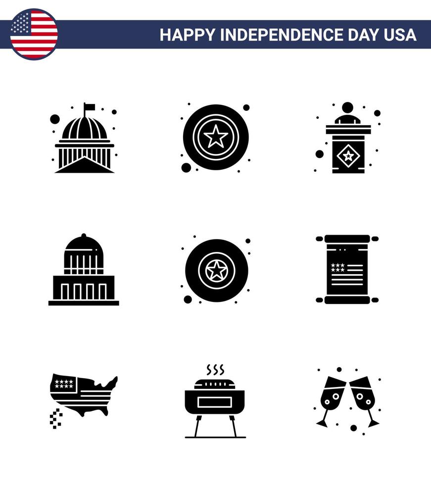 Big Pack of 9 USA Happy Independence Day USA Vector Solid Glyphs and Editable Symbols of badge landmark sign city sign Editable USA Day Vector Design Elements
