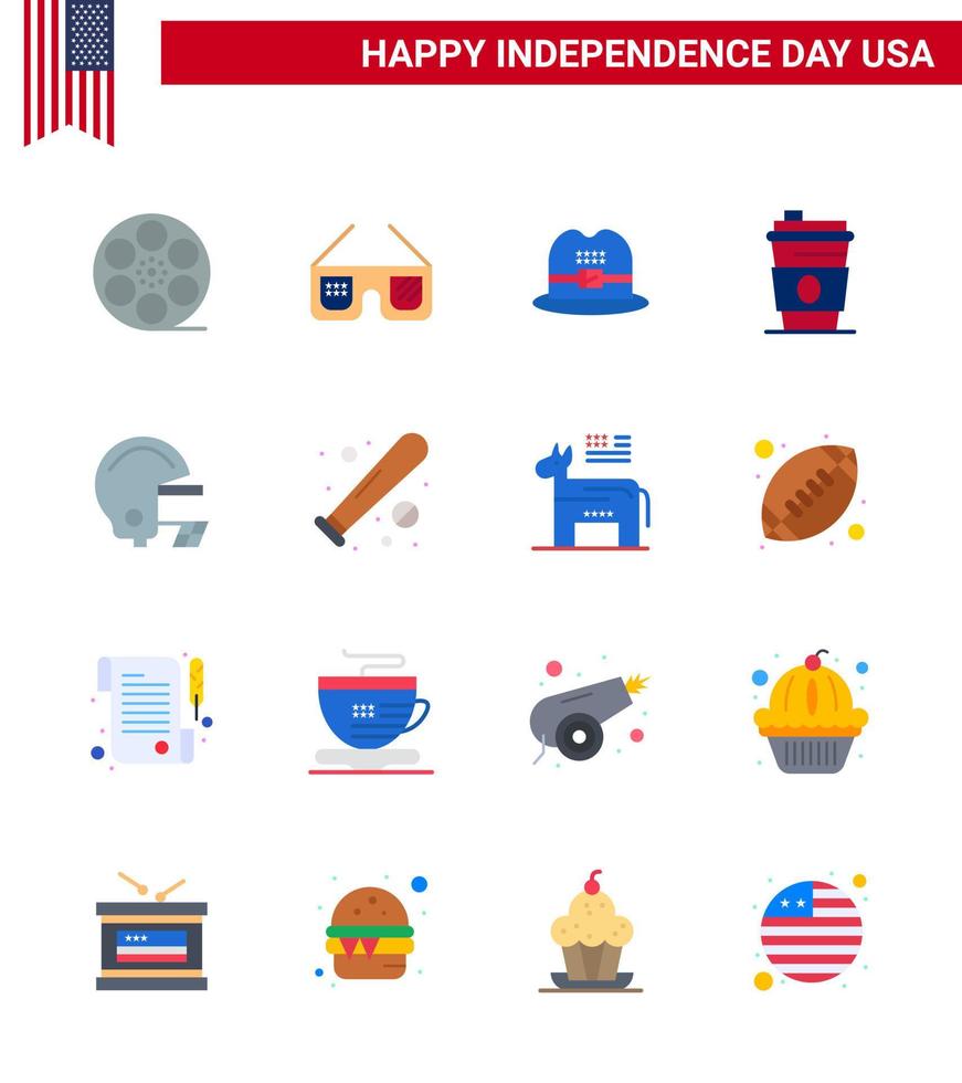 feliz día de la independencia 4 de julio conjunto de 16 pisos pictograma americano de casco sombrero americano bebida de estados unidos elementos de diseño vectorial editables del día de estados unidos vector