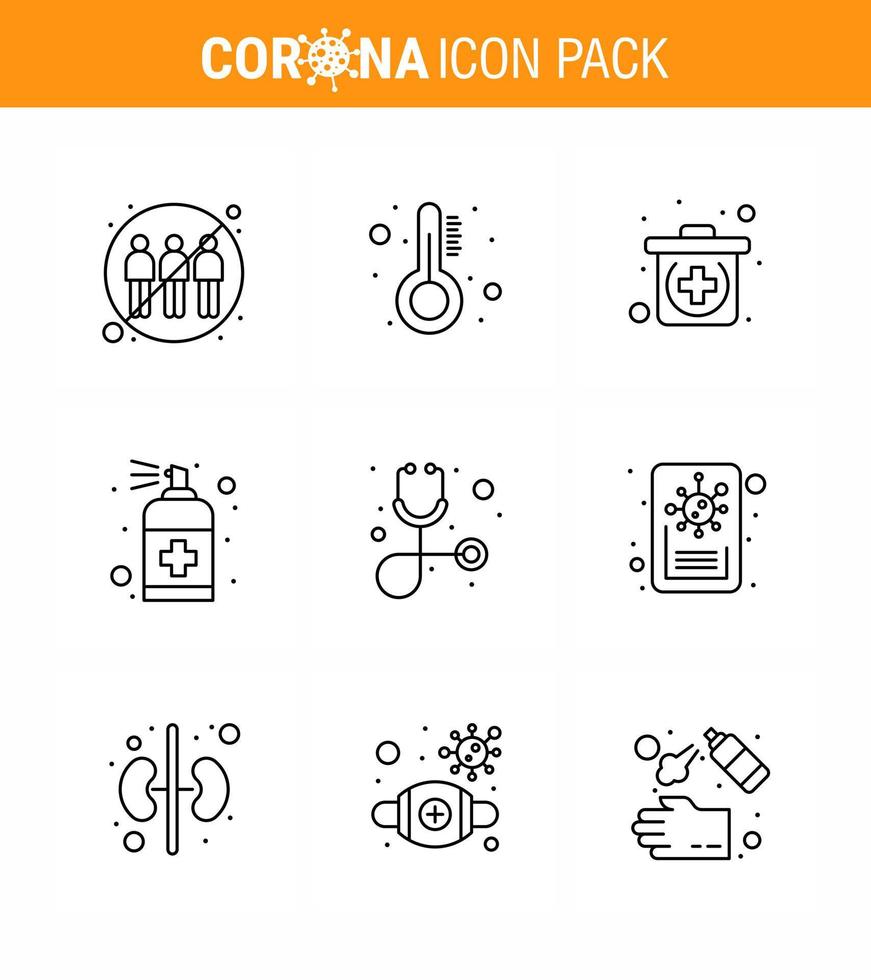 Coronavirus Awareness icon 9 Line icons icon included diagnosis handcare thermometer hand spray viral coronavirus 2019nov disease Vector Design Elements