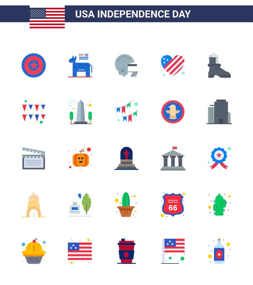 conjunto moderno de 25 pisos y símbolos en el día de la independencia de estados unidos, como el shose americano, bandera de amor estadounidense, elementos de diseño vectorial editables del día de estados unidos vector