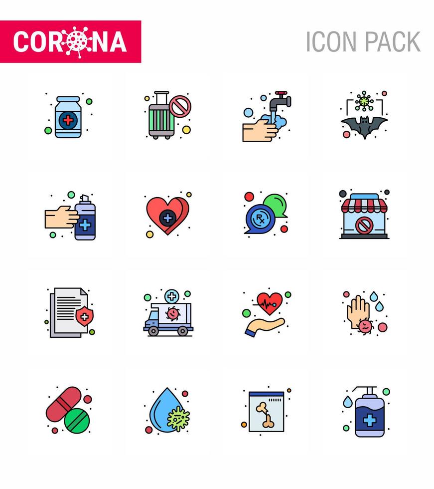 paquete de iconos de corona de virus viral de línea llena de 16 colores planos, como coronavirus bat, sin burbujas de viaje, lavado de elementos de diseño de vector de enfermedad de coronavirus viral 2019nov