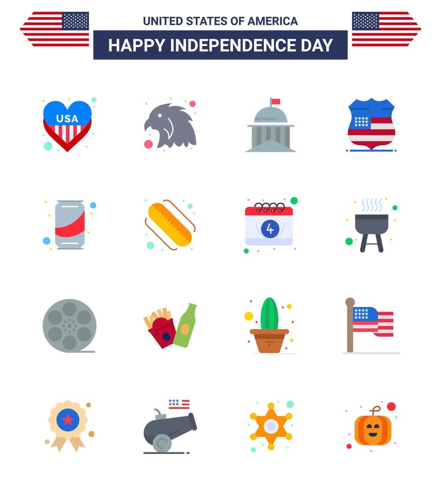 feliz día de la independencia paquete de iconos de 16 pisos para web e impresión puede bandera de seguridad escudo de estados unidos elementos de diseño de vector de día de estados unidos editables