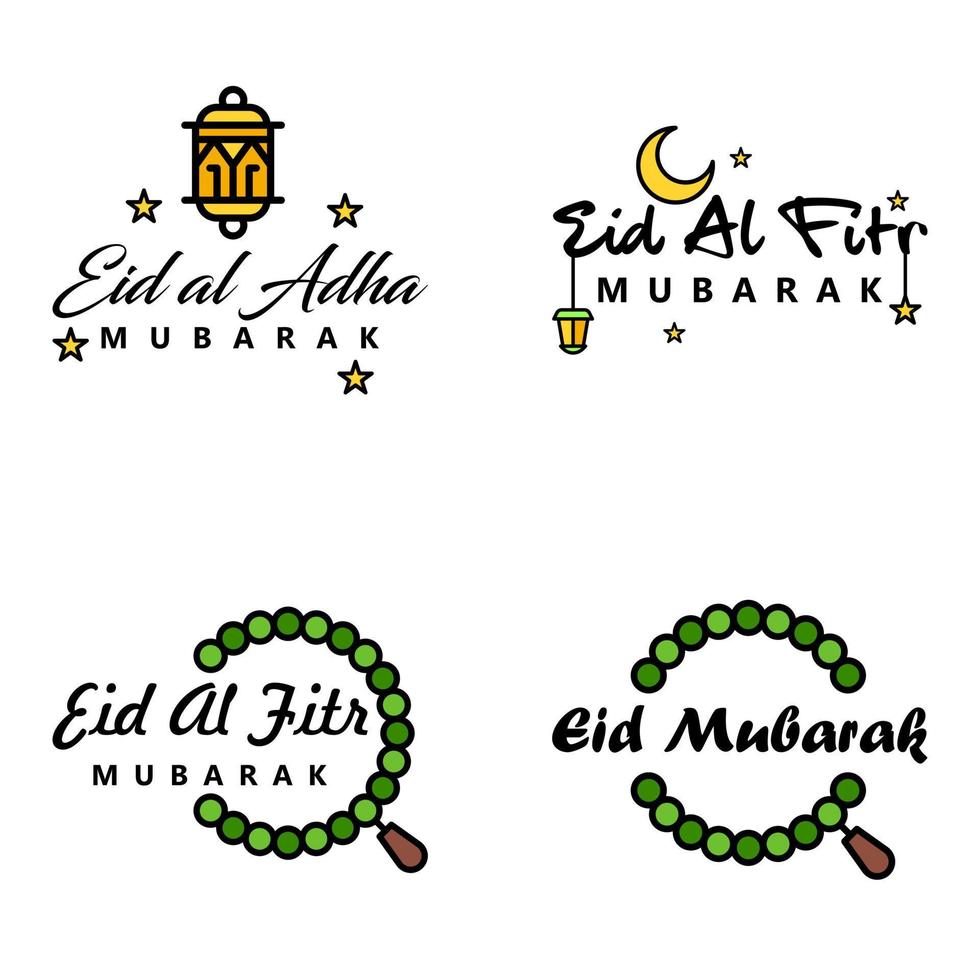 Eid Mubarak Handwritten Lettering Vector Pack of 4 Calligraphy with Stars Isolated On White Background for Your Design