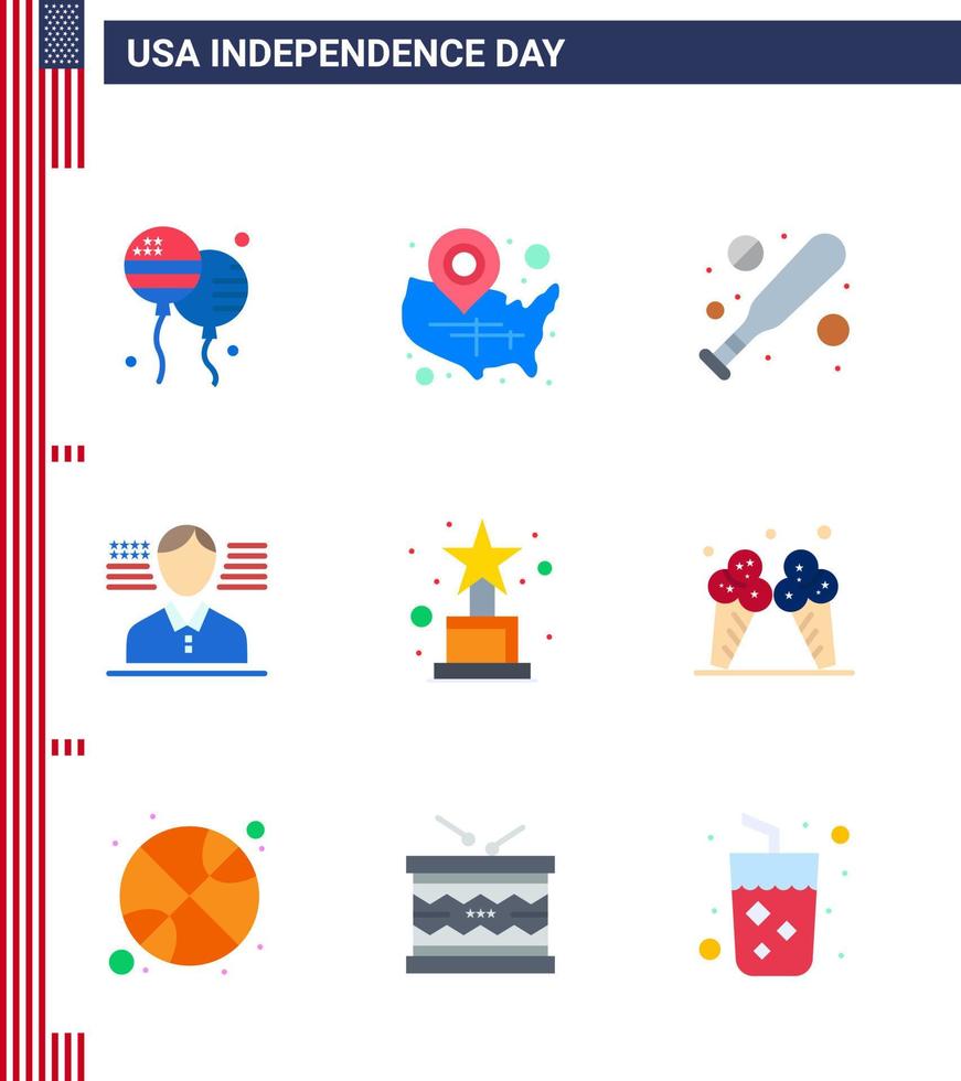 9 paquete plano de estados unidos de signos y símbolos del día de la independencia de trofeo logro ubicación pin bandera hombre editable día de estados unidos elementos de diseño vectorial vector