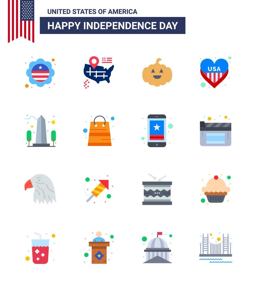 Group of 16 Flats Set for Independence day of United States of America such as usa monument american landmark love Editable USA Day Vector Design Elements