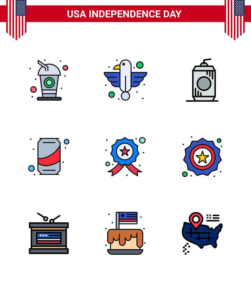 grupo de 9 líneas rellenas planas establecidas para el día de la independencia de los estados unidos de américa, como el estado de soda de la insignia puede usar elementos de diseño vectorial del día de estados unidos editables vector