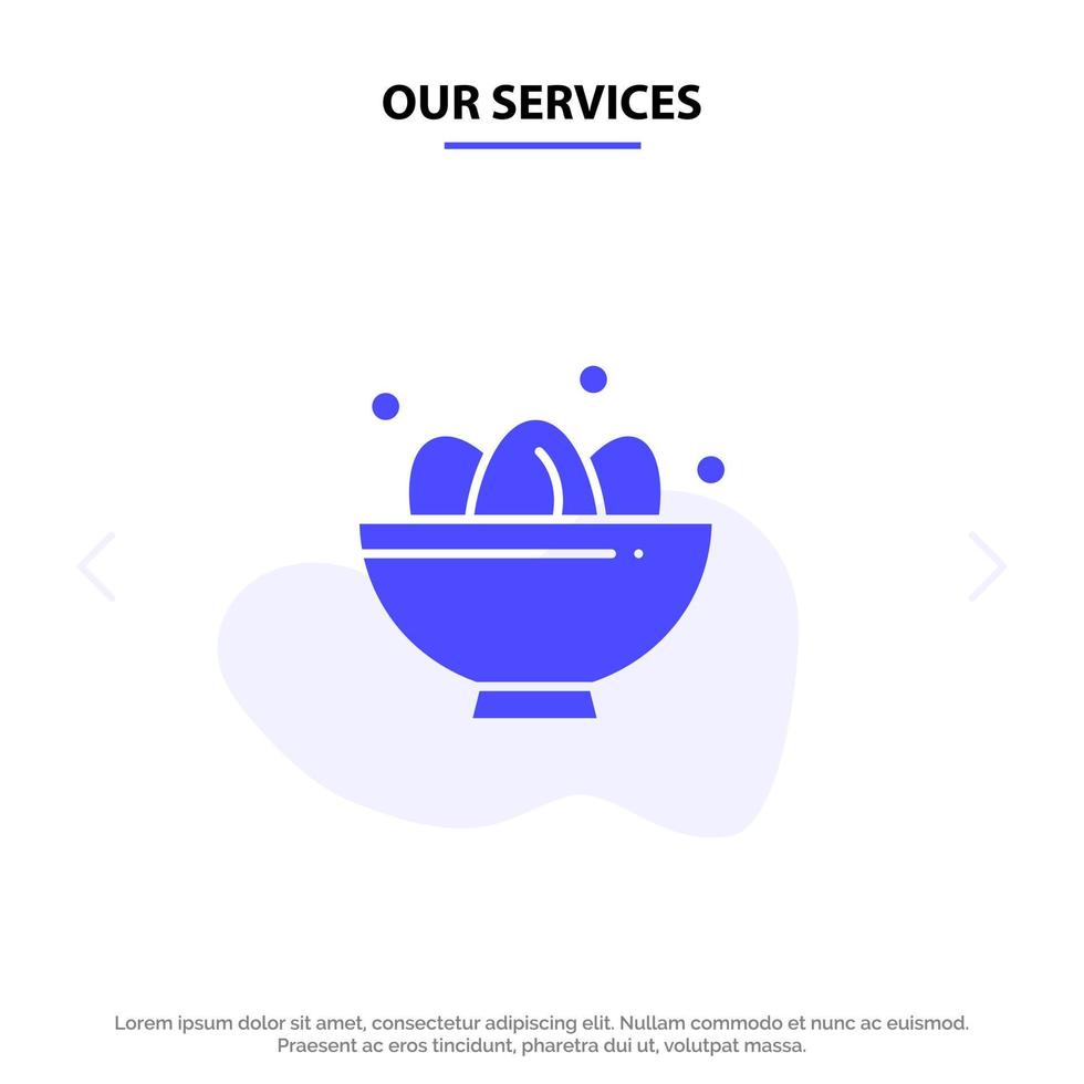 nuestros servicios bowl celebración huevo de pascua nido icono de glifo sólido plantilla de tarjeta web vector