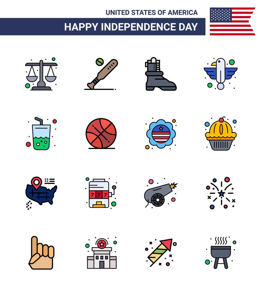 USA Happy Independence DayPictogram Set of 16 Simple Flat Filled Lines of glass eagle usa bird american Editable USA Day Vector Design Elements