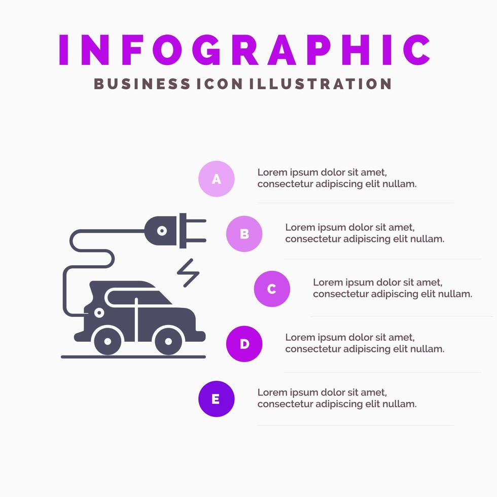 tecnología automotriz coche eléctrico vehículo eléctrico icono sólido infografía 5 pasos presentación antecedentes vector