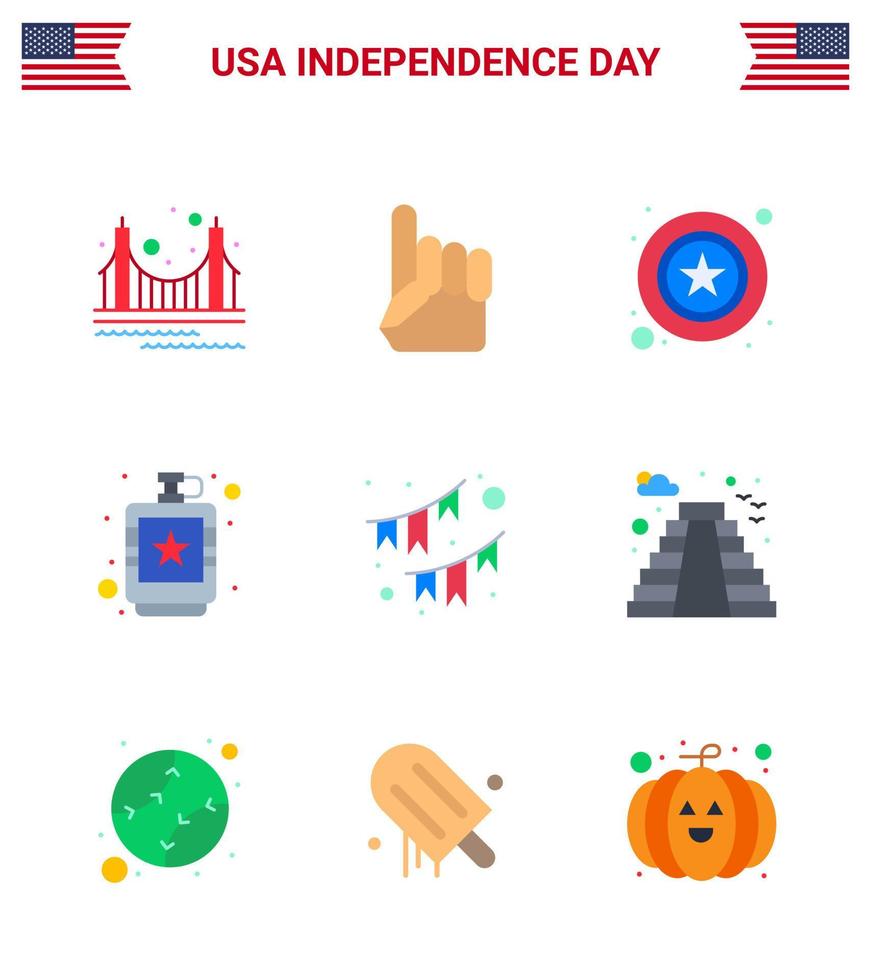Flat Pack of 9 USA Independence Day Symbols of liquid flask american drink sign Editable USA Day Vector Design Elements
