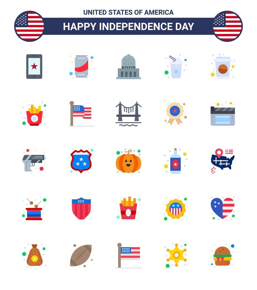 4th July USA Happy Independence Day Icon Symbols Group of 25 Modern Flats of food soda building drink bottle Editable USA Day Vector Design Elements