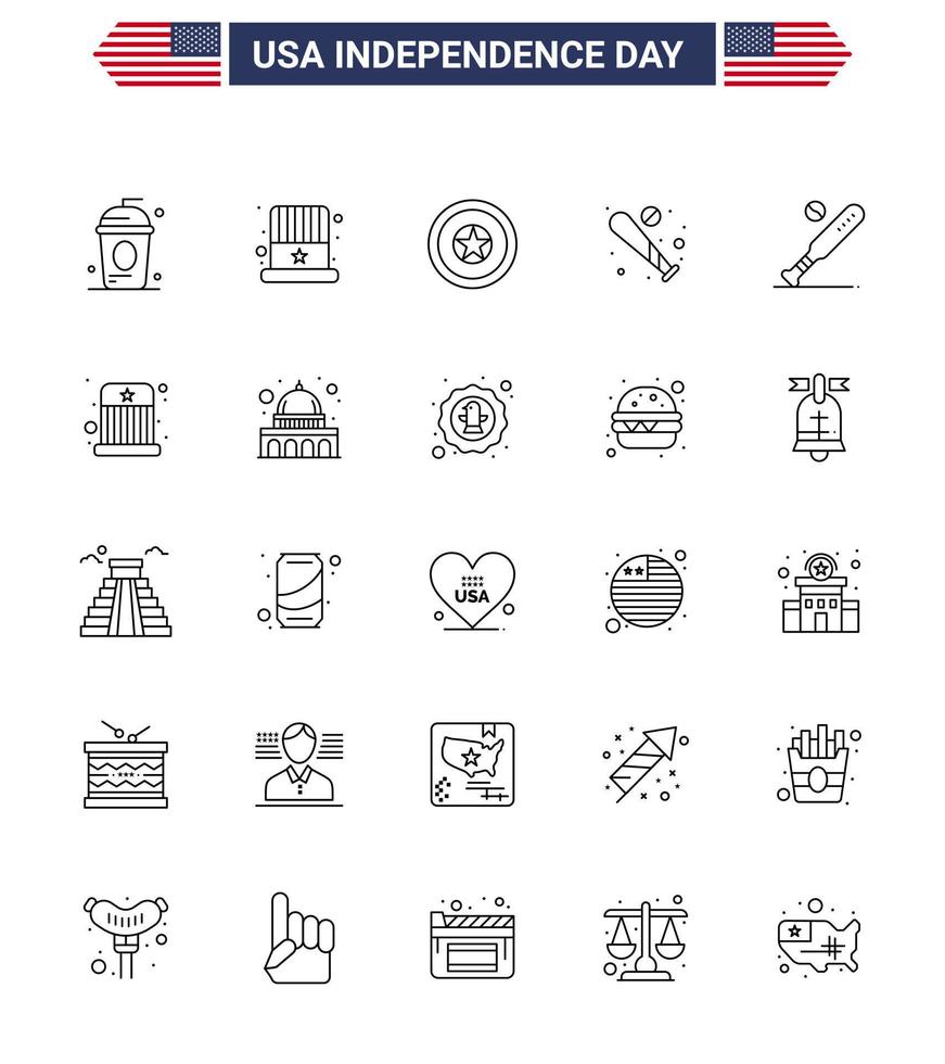 USA Independence Day Line Set of 25 USA Pictograms of usa bat usa baseball medal Editable USA Day Vector Design Elements