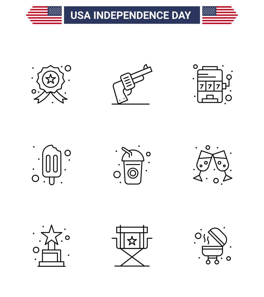 Pack of 9 creative USA Independence Day related Lines of drink bottle casino cream ice cream Editable USA Day Vector Design Elements