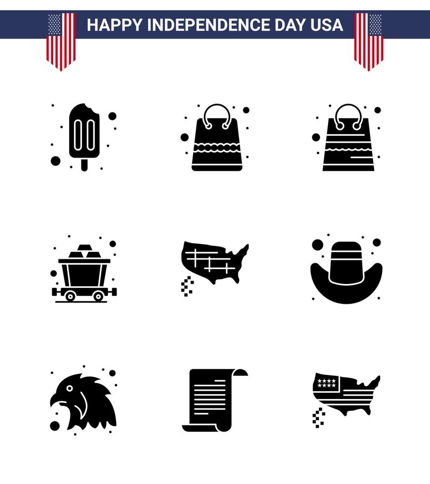 Set of 9 Modern Solid Glyphs pack on USA Independence Day animal cap mine american united Editable USA Day Vector Design Elements
