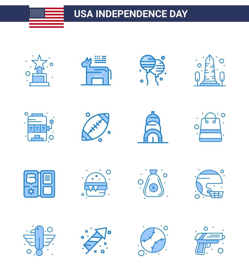 Group of 16 Blues Set for Independence day of United States of America such as machine washington bloons usa monument Editable USA Day Vector Design Elements