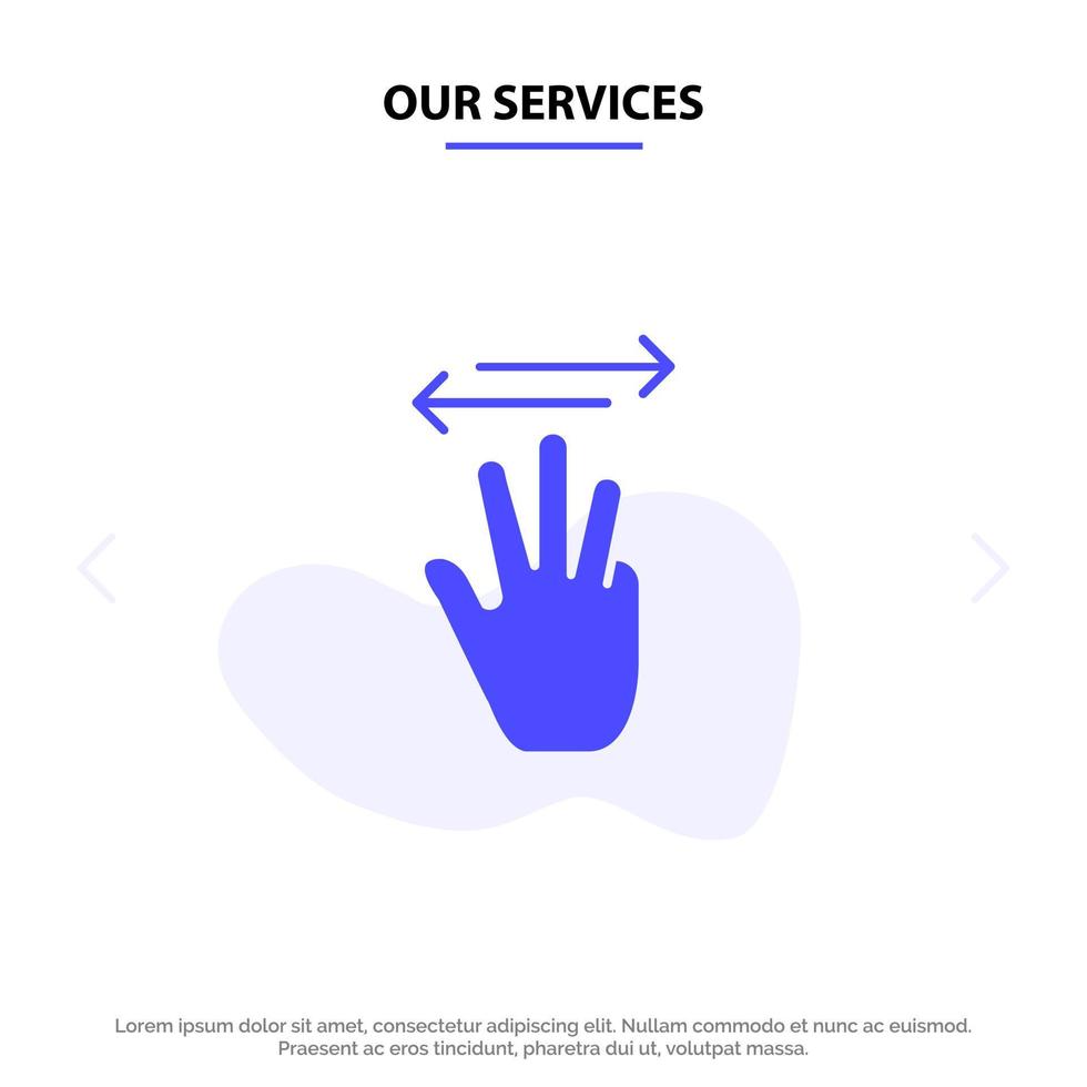 nuestros servicios mano mano cursor arriba izquierda derecha icono de glifo sólido plantilla de tarjeta web vector