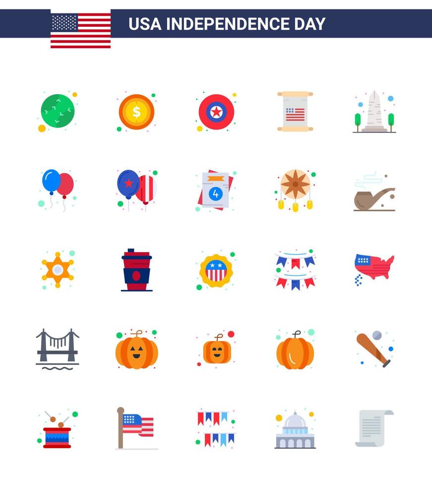 Happy Independence Day USA Pack of 25 Creative Flats of sight landmark badge usa text Editable USA Day Vector Design Elements