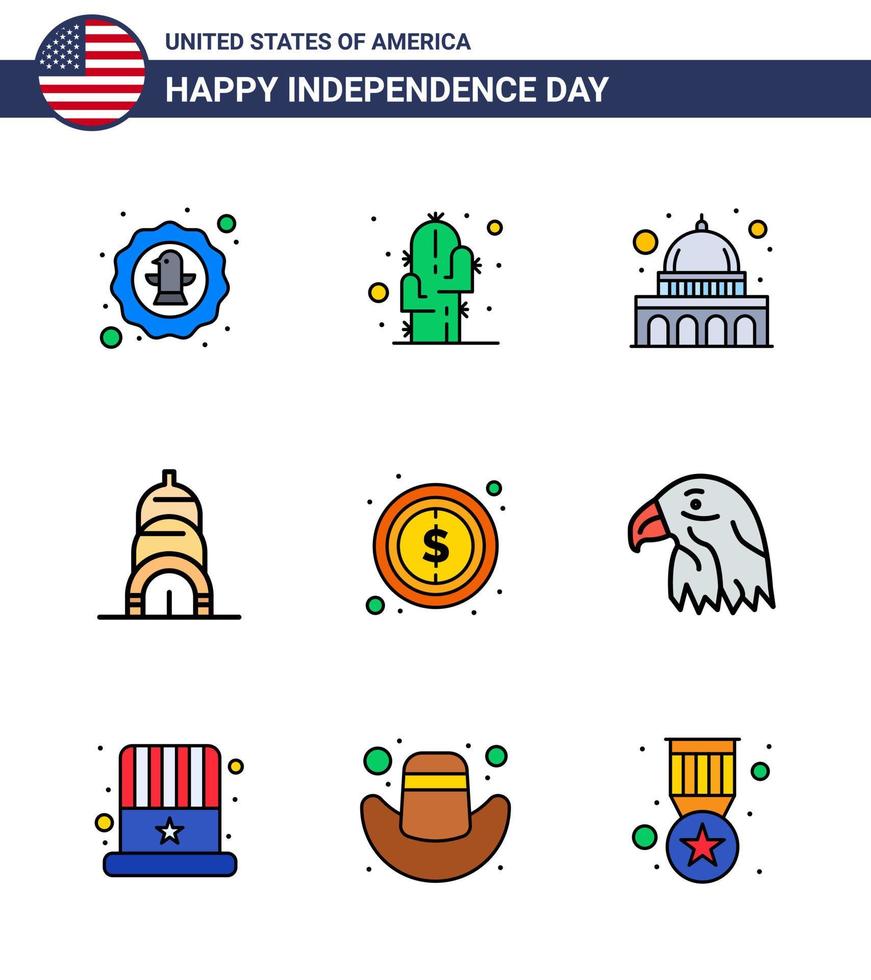 conjunto de 9 iconos del día de estados unidos símbolos americanos signos del día de la independencia por dinero edificio del desierto de estados unidos wisconsin elementos de diseño vectorial editables del día de estados unidos vector