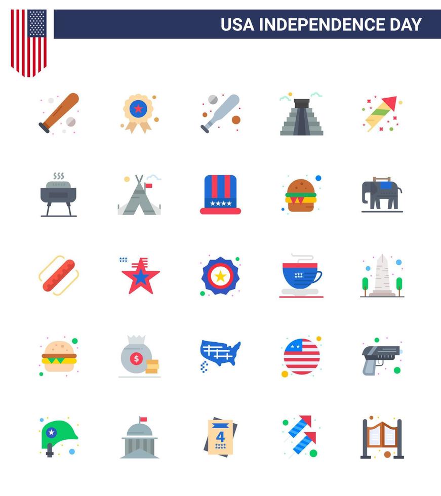 Flat Pack of 25 USA Independence Day Symbols of festivity usa medal american building Editable USA Day Vector Design Elements