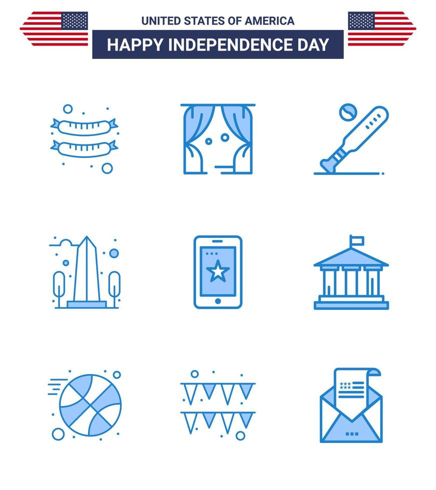 USA Independence Day Blue Set of 9 USA Pictograms of mobile usa baseball sight landmark Editable USA Day Vector Design Elements