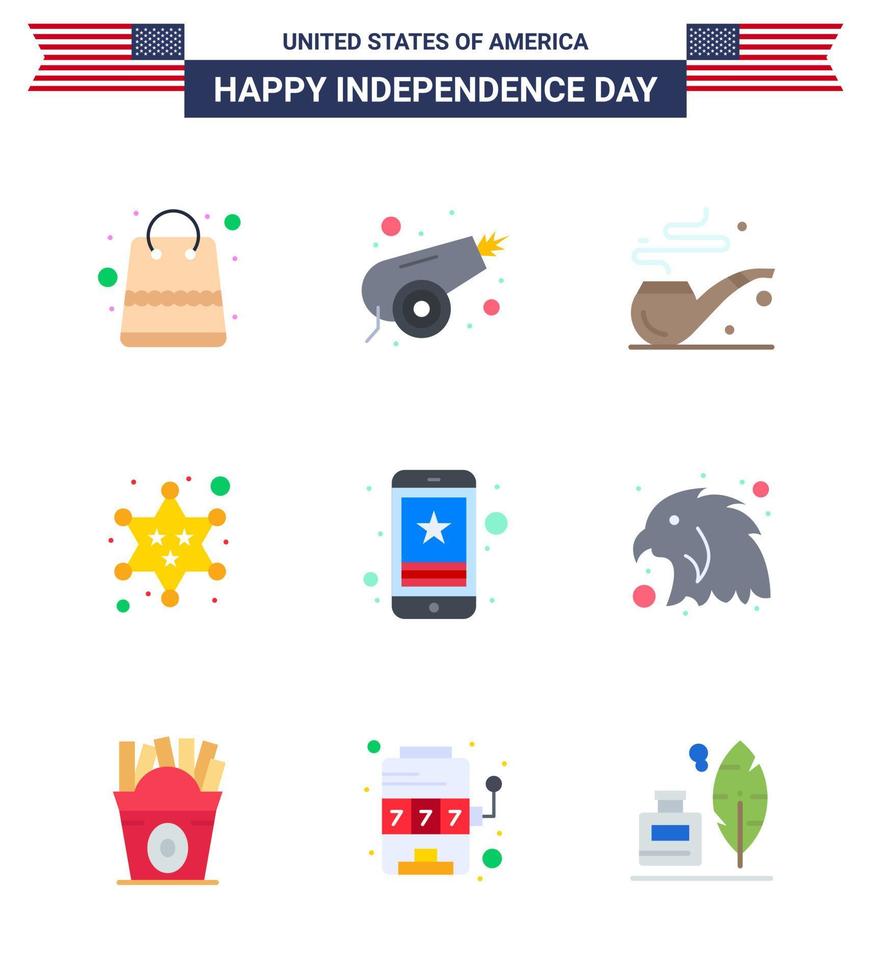 Stock Vector Icon Pack of American Day 9 Line Signs and Symbols for smart phone cell pipe star military Editable USA Day Vector Design Elements