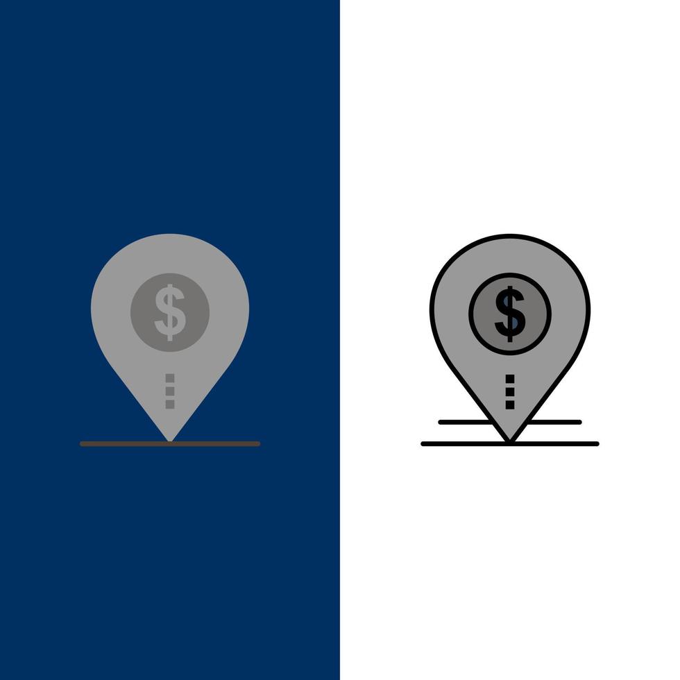dólar pin mapa ubicación banco negocio iconos plano y línea llena icono conjunto vector fondo azul