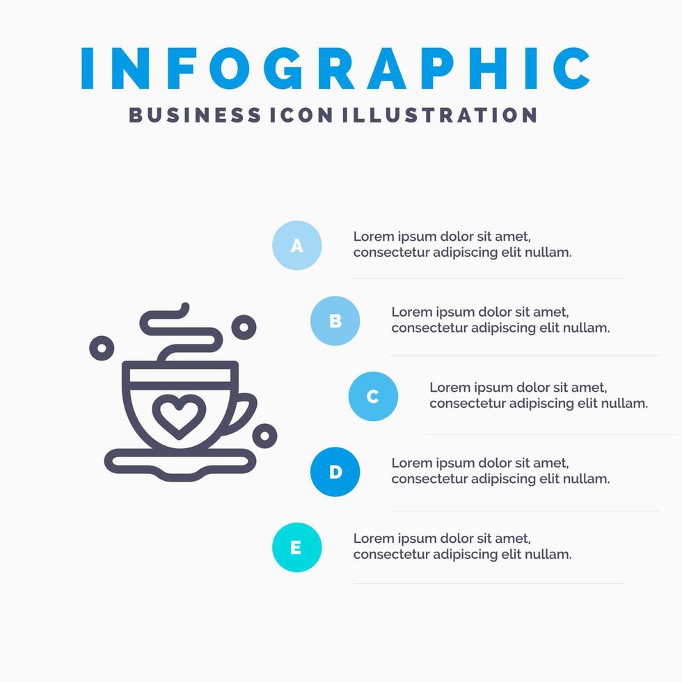 taza café té amor línea icono con 5 pasos presentación infografía fondo vector
