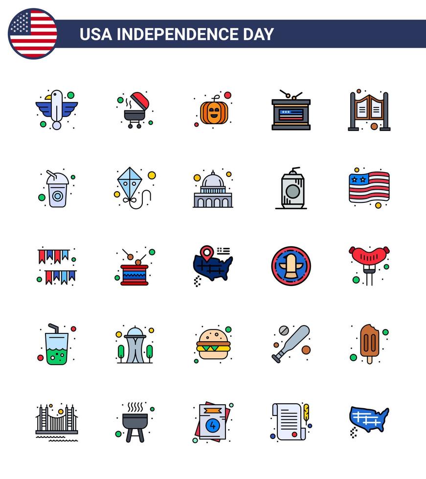 Set of 25 Vector Flat Filled Lines on 4th July USA Independence Day such as saloon door american independence day holiday Editable USA Day Vector Design Elements