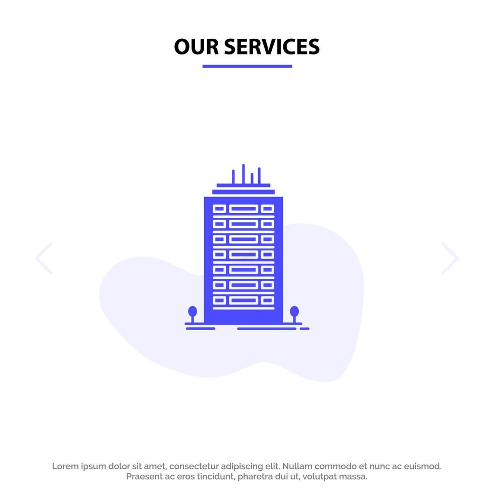 Our Services Building Office Skyscraper Tower Solid Glyph Icon Web card Template vector