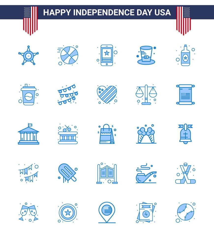 Pack of 25 creative USA Independence Day related Blues of bottle usa star presidents day Editable USA Day Vector Design Elements