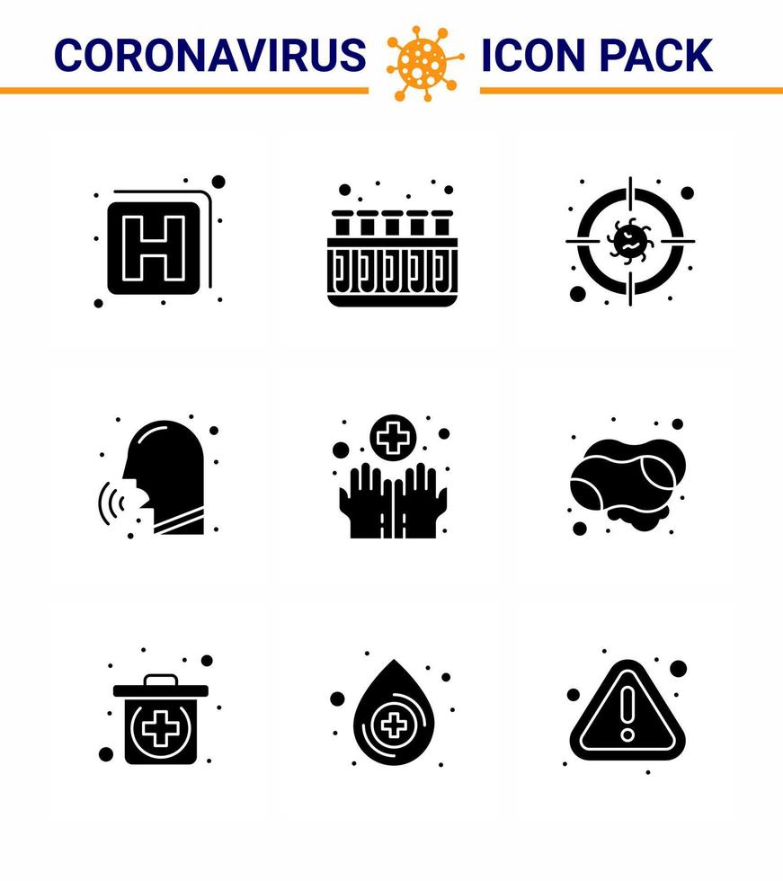 9 Solid Glyph Black Set of corona virus epidemic icons such as hygiene fever bacteria couph nose viral coronavirus 2019nov disease Vector Design Elements