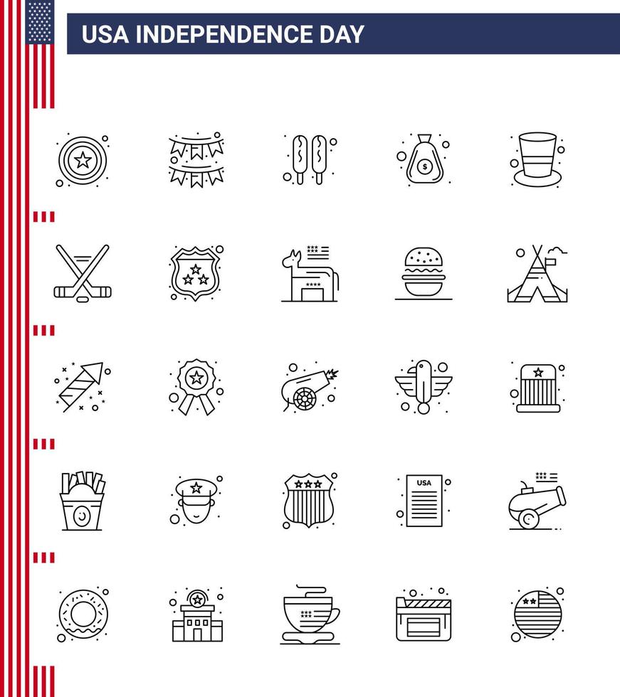 Modern Set of 25 Lines and symbols on USA Independence Day such as hat american corn dog cash money Editable USA Day Vector Design Elements