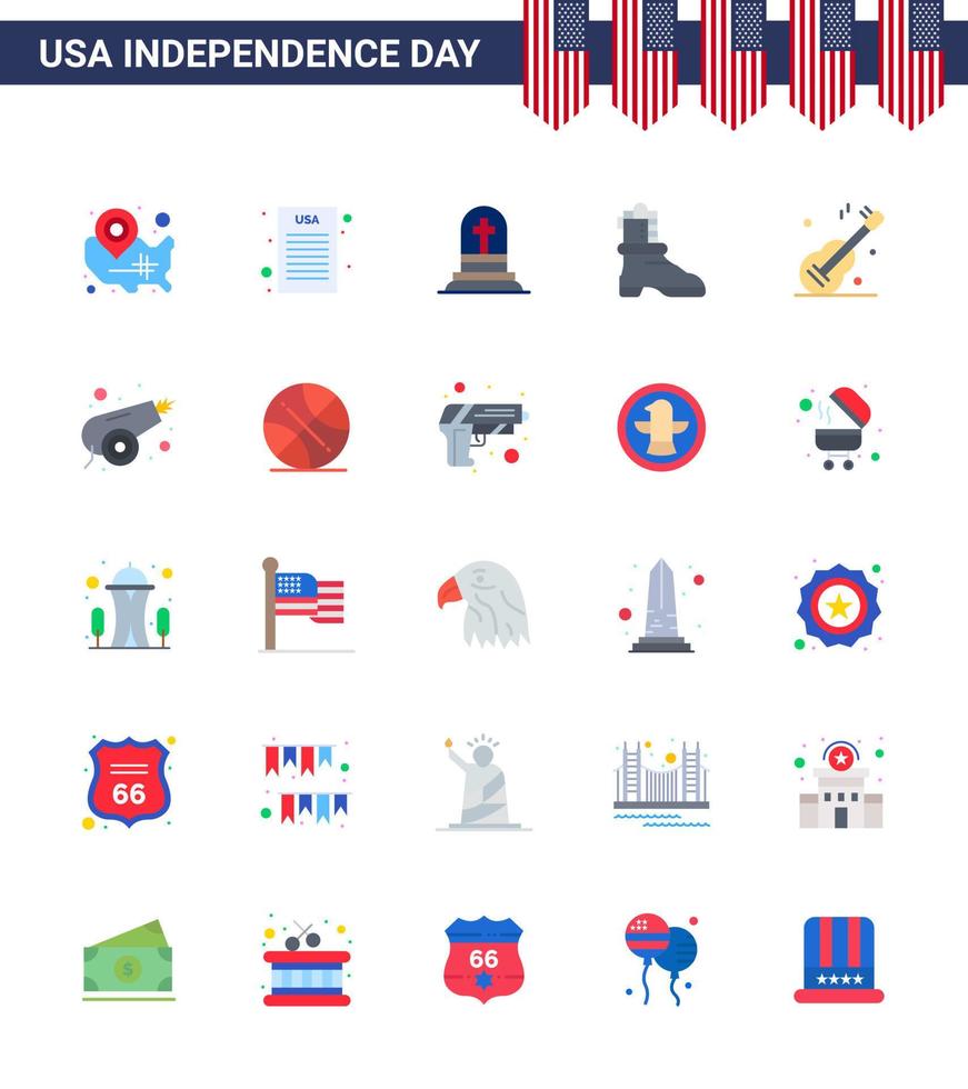 Pack of 25 USA Independence Day Celebration Flats Signs and 4th July Symbols such as usa guiter death american shose Editable USA Day Vector Design Elements