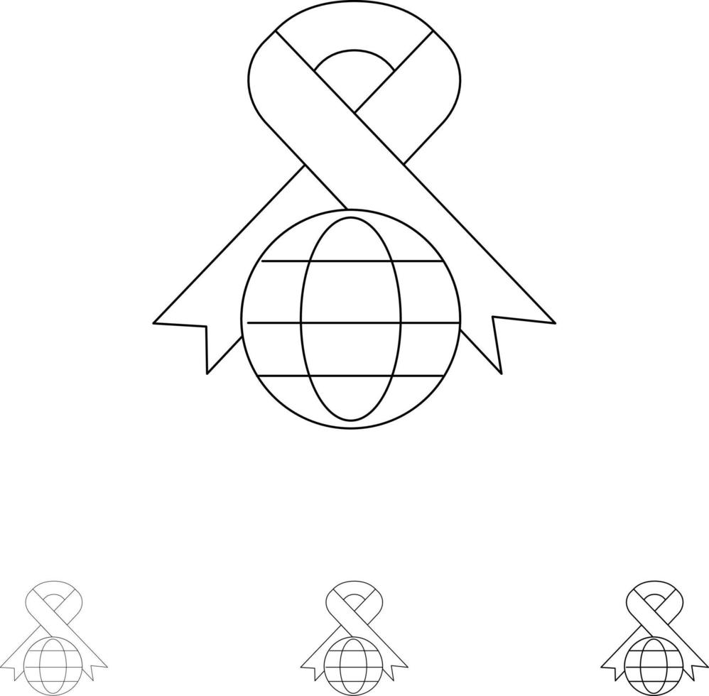 Care Ribbon Globe World Bold and thin black line icon set vector