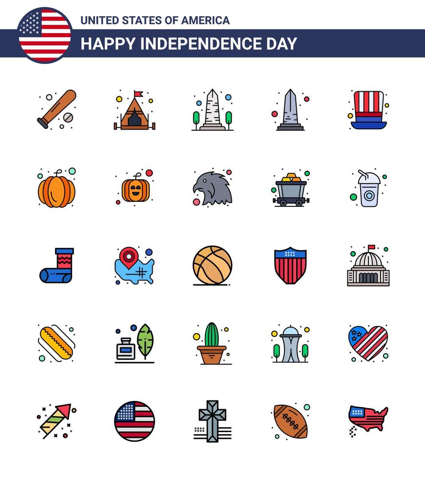 25 USA Flat Filled Line Pack of Independence Day Signs and Symbols of american presidents landmark hat washington Editable USA Day Vector Design Elements