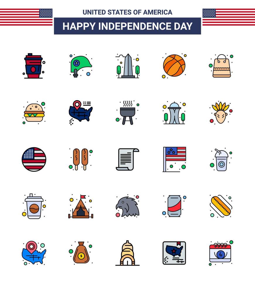 Set of 25 USA Day Icons American Symbols Independence Day Signs for bag football landmark ball washington Editable USA Day Vector Design Elements