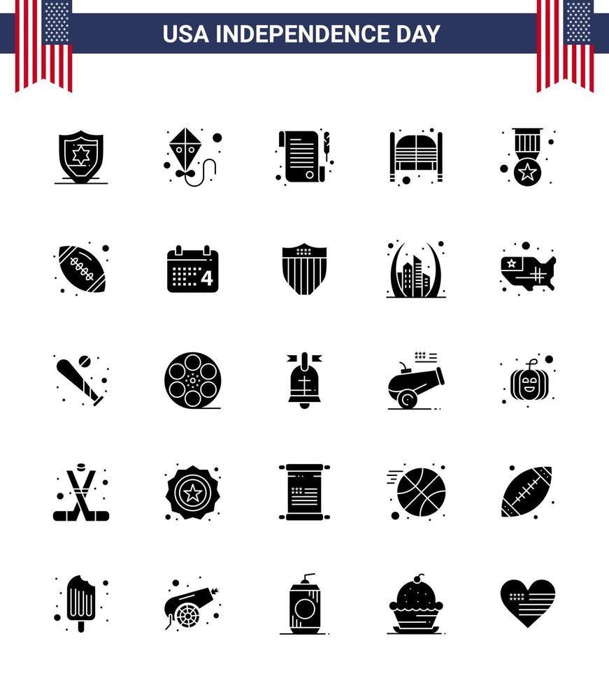 Big Pack of 25 USA Happy Independence Day USA Vector Solid Glyph and Editable Symbols of military badge day award day Editable USA Day Vector Design Elements