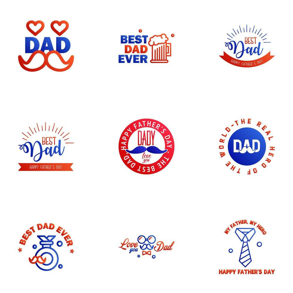 Fathers Day Lettering 9 Blue and red Calligraphic Emblems Badges Set Isolated on Dark Blue Happy Fathers Day Best Dad Love You Dad Inscription Vector Design Elements For Greeting Card and Other