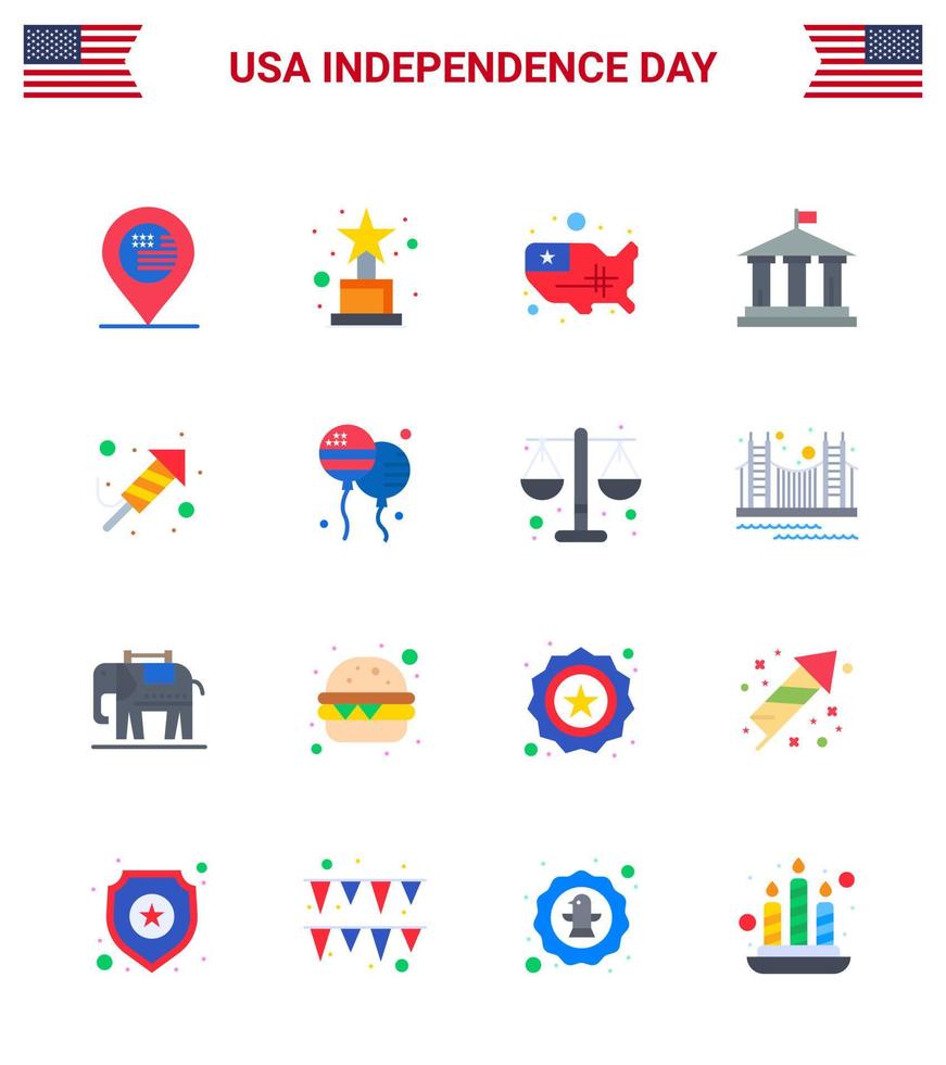 Pack of 16 USA Independence Day Celebration Flats Signs and 4th July Symbols such as festival fire work states usa flag Editable USA Day Vector Design Elements