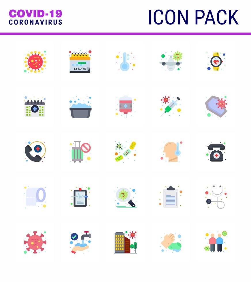 CORONAVIRUS 25 Flat Color Icon set on the theme of Corona epidemic contains icons such as virus vacation schedule travel thermometer viral coronavirus 2019nov disease Vector Design Elements