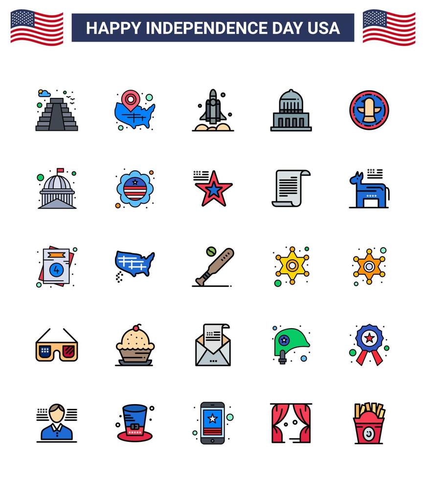 25 USA Flat Filled Line Pack of Independence Day Signs and Symbols of usa city location pin building transport Editable USA Day Vector Design Elements