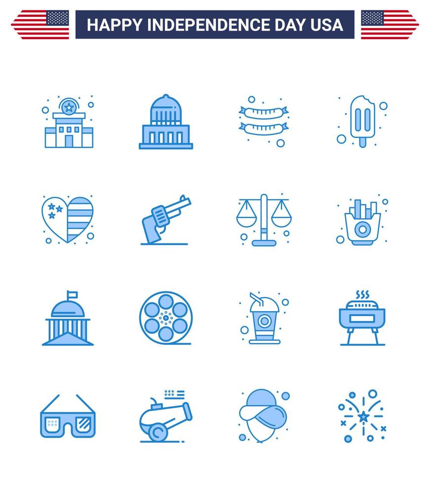 16 USA Blue Signs Independence Day Celebration Symbols of usa country food heart popsicle Editable USA Day Vector Design Elements