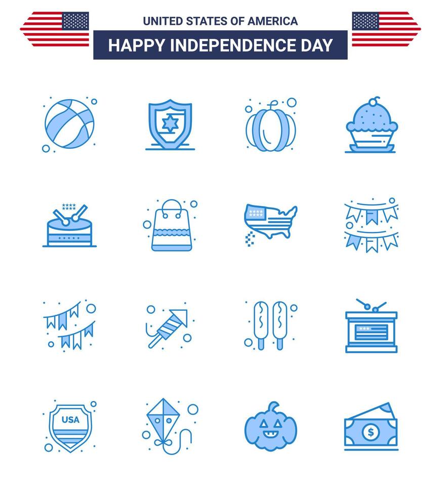 Happy Independence Day Pack of 16 Blues Signs and Symbols for music drum pumpkin thanksgiving muffin Editable USA Day Vector Design Elements